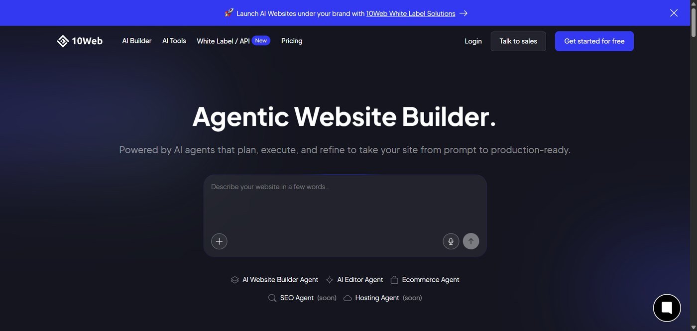 10Web AI website builder homepage for WordPress sites