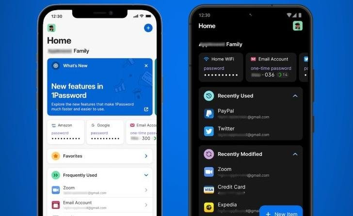 1Password mobile app showing a family vault with recently used and favourite logins