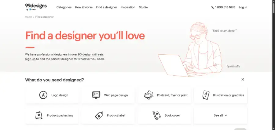 99designs Find a designer page listing logo, web and packaging design categories, our pick for designers