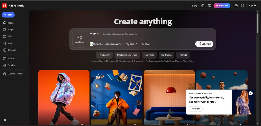 Adobe Firefly Create Anything interface with partner video models