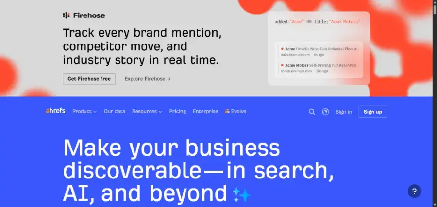 Ahrefs homepage showing its SEO and backlink research tools