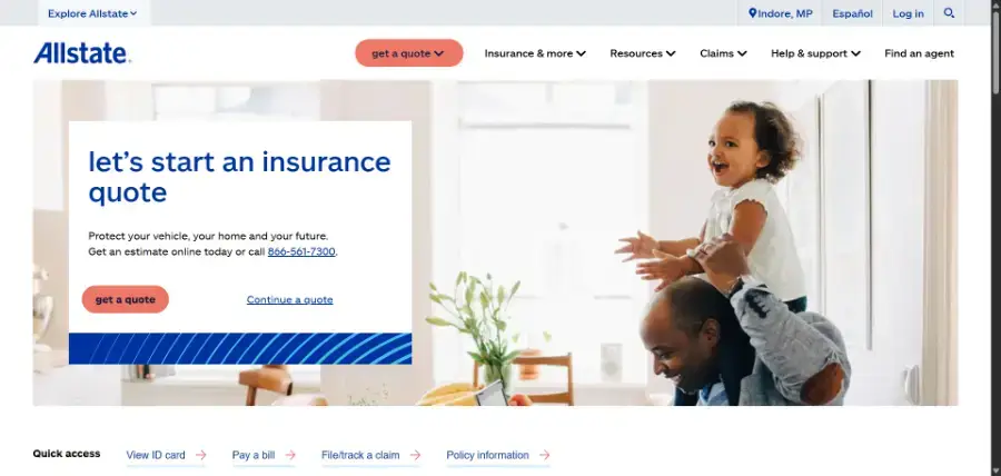 Allstate homepage showing its insurance quote form and quick access links, our pick for features and discount range