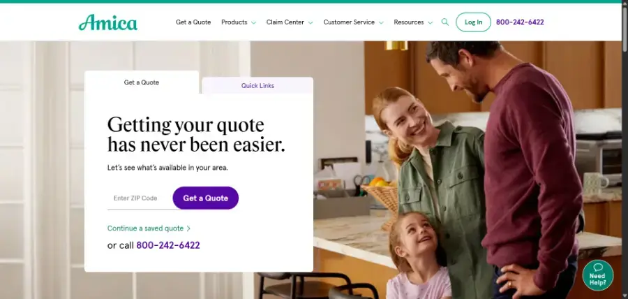 Amica homepage showing its auto insurance quote form, our best overall pick among the best auto insurance companies