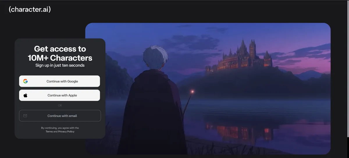 Character.AI sign-up page offering access to 10M+ AI characters