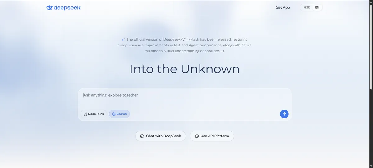 DeepSeek chat home page with Into the Unknown prompt box