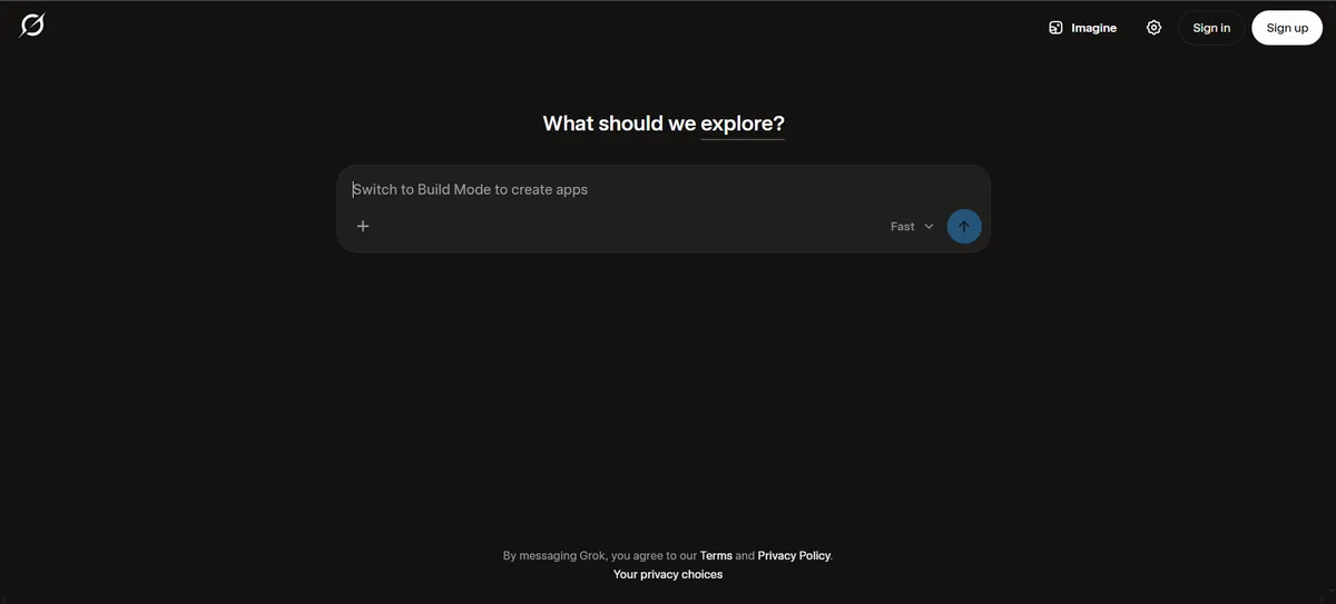 Grok by xAI chat home screen asking What should we explore