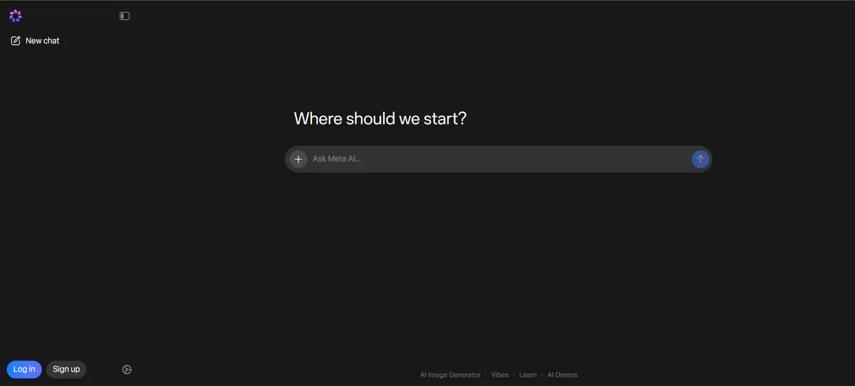 Meta AI web chat home screen with Ask Meta AI prompt
