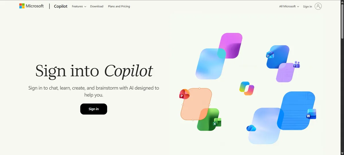 Microsoft Copilot sign-in page for chatting and creating with AI