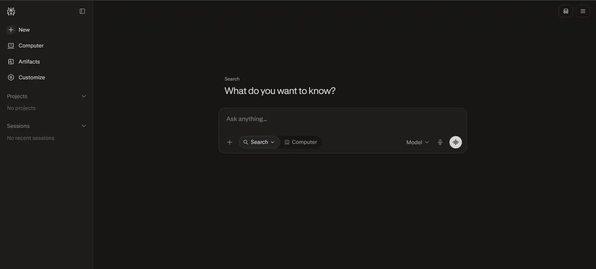 Perplexity AI search home asking What do you want to know