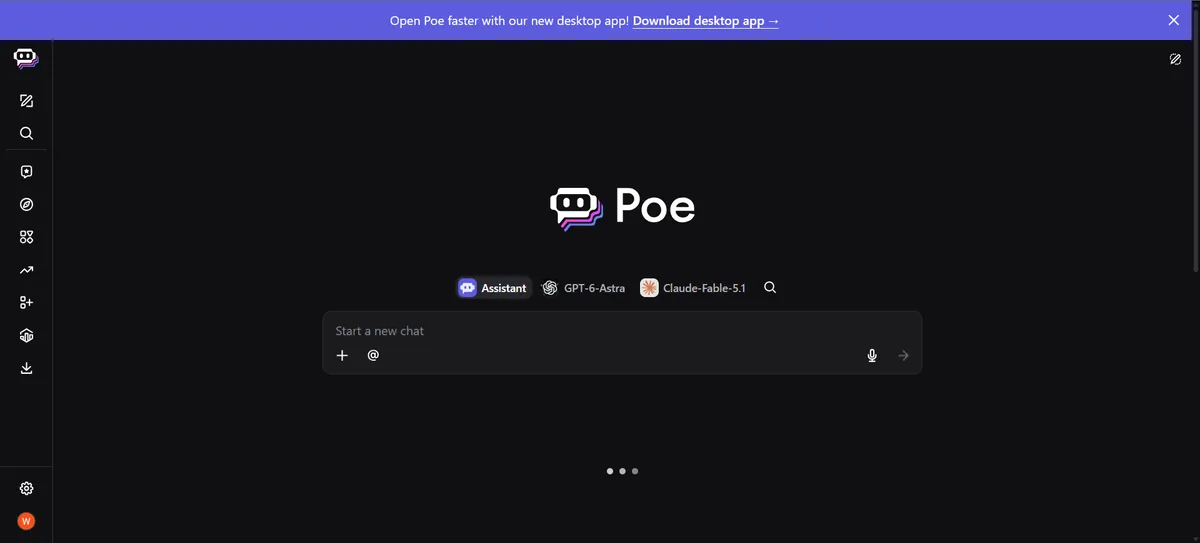 Poe multi-model AI chat home screen with model selector