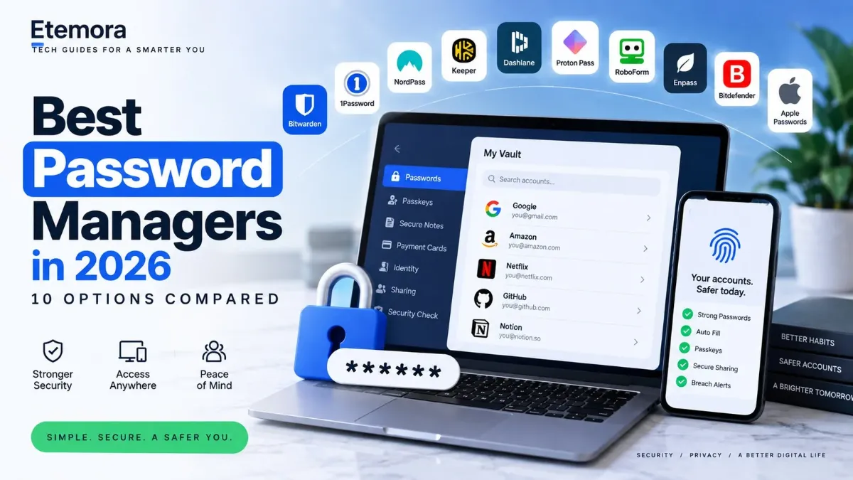 Best password managers in 2026 compared, featuring Bitwarden, 1Password, NordPass, Keeper, Dashlane, Proton Pass, RoboForm, Enpass, Bitdefender and Apple Passwords
