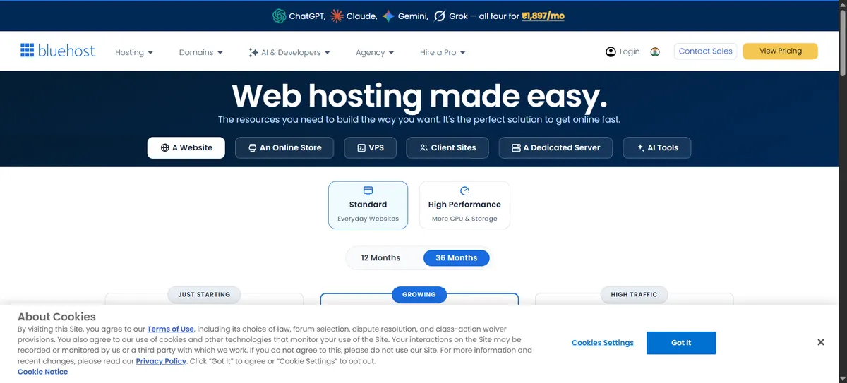 Bluehost pricing page with 12-month and 36-month term toggle