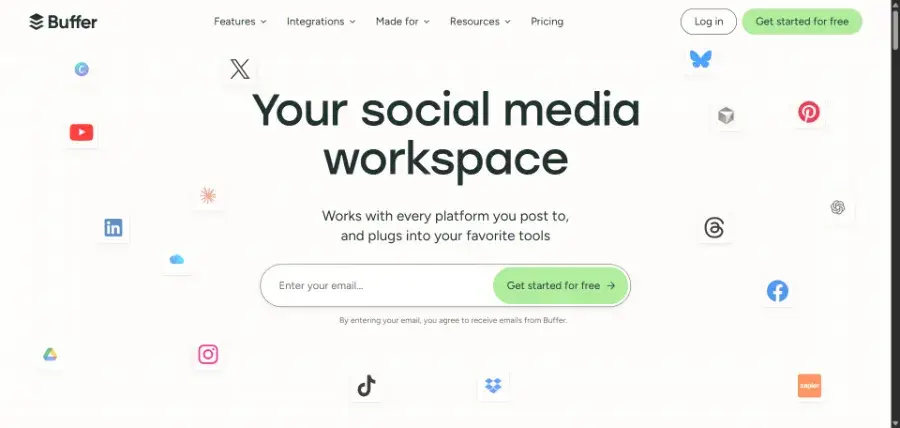 Buffer homepage showing its social media scheduling workspace