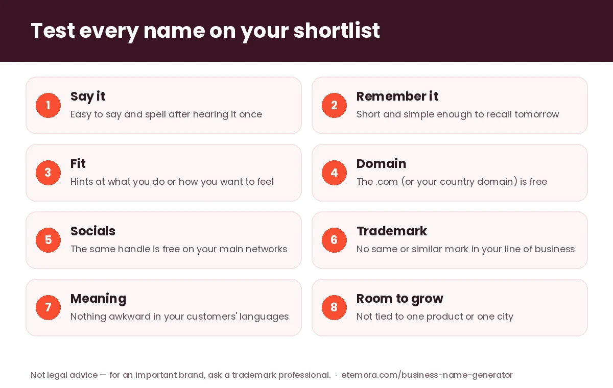 Business name generator checklist: how to test a business name before you choose it
