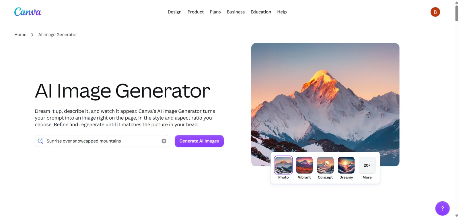Canva AI Image Generator homepage screenshot