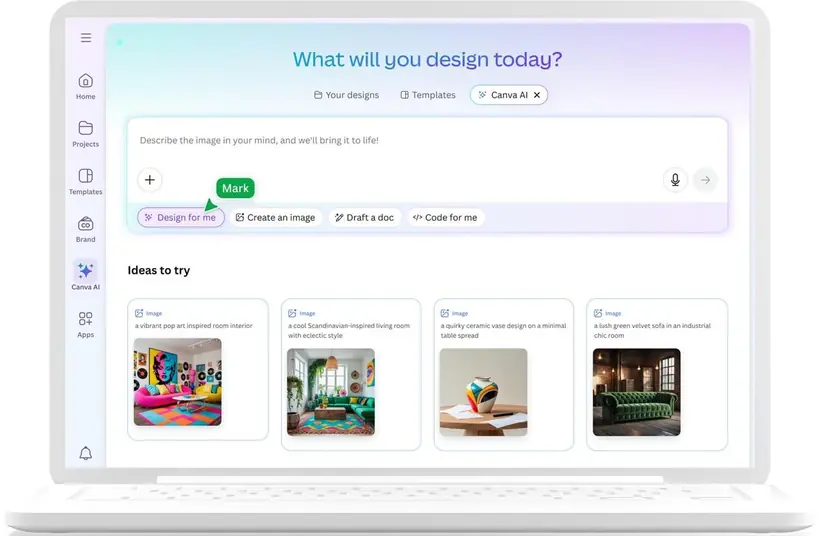 Canva AI home screen asking what to design, one of the best AI tools for work in 2026