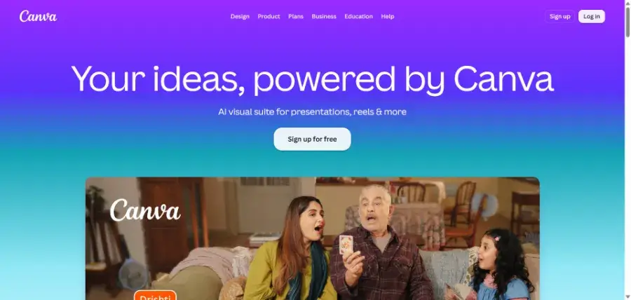 Canva homepage showing its AI visual design suite