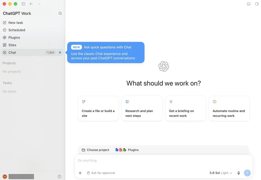 ChatGPT, our top pick among the best AI tools for work in 2026, showing project and task shortcuts
