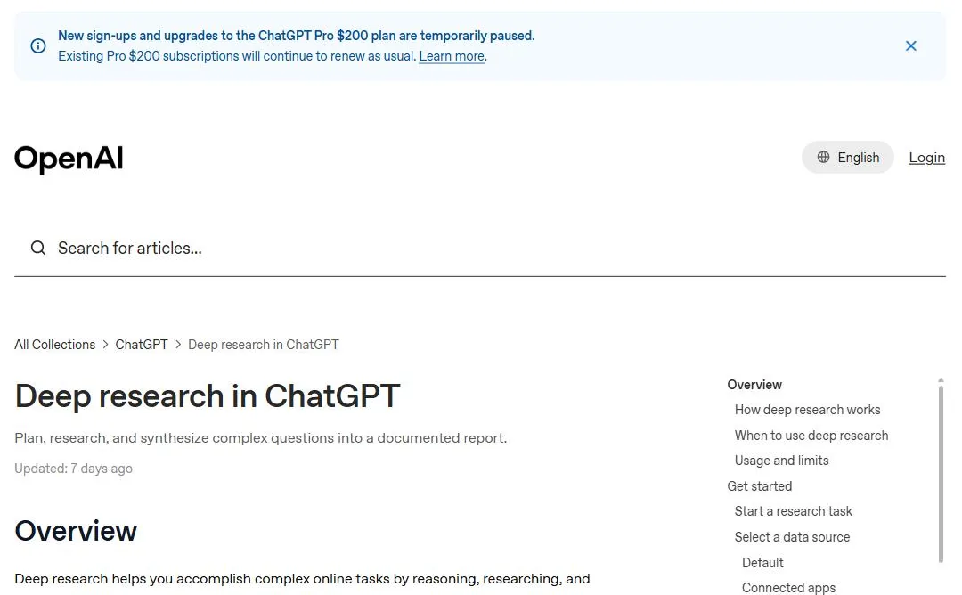 OpenAI help center article on deep research in ChatGPT with the Pro plan notice