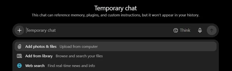 ChatGPT temporary chat with the tools menu showing file uploads, library and web search