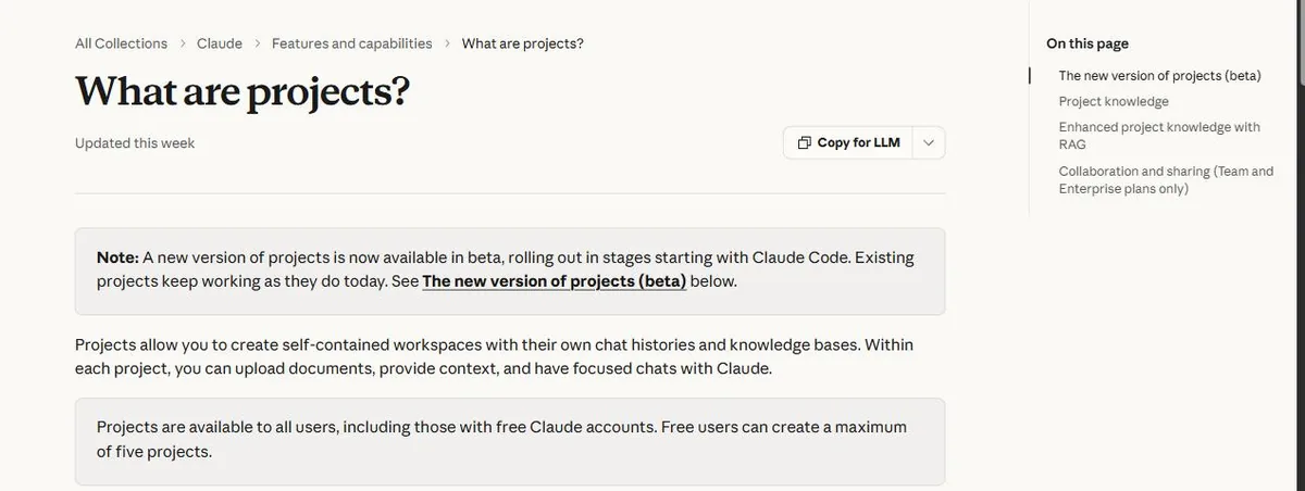 Claude help center page explaining Projects and the free five-project limit