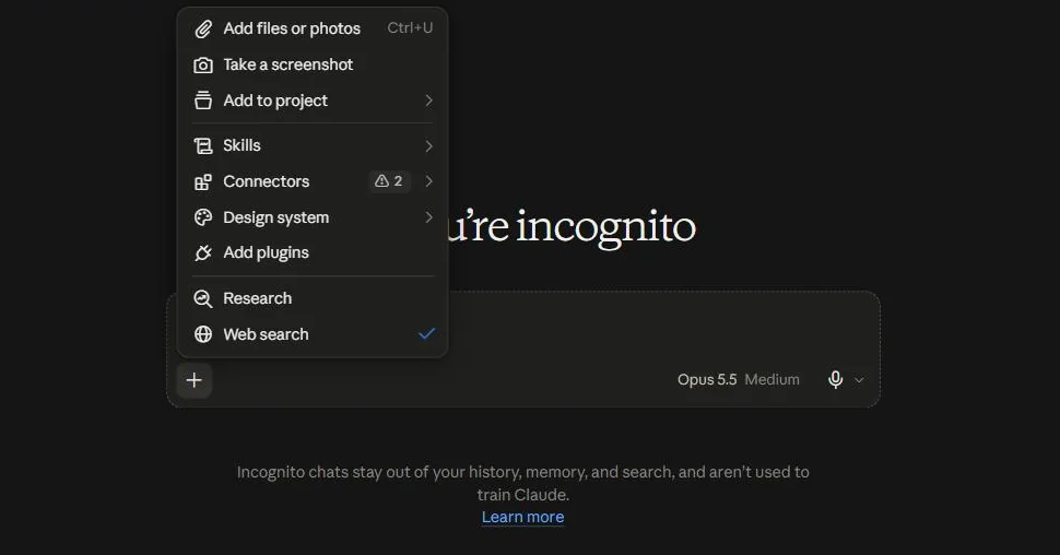 Claude chat tools menu showing files, projects, skills, connectors, Research and web search