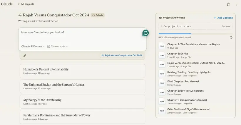 Claude Projects, our pick for writing among the best AI tools for work, showing project knowledge files