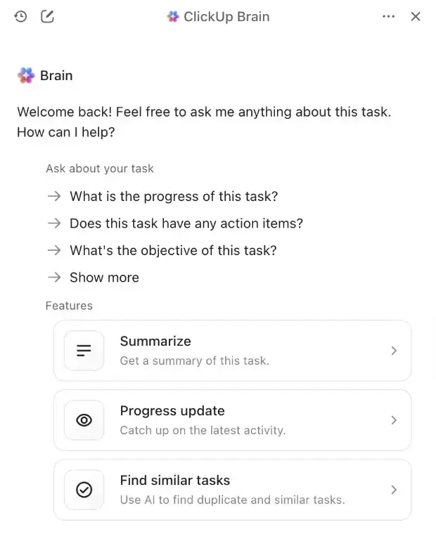 ClickUp Brain panel offering task summaries and progress updates, our project management pick among the best AI tools for work