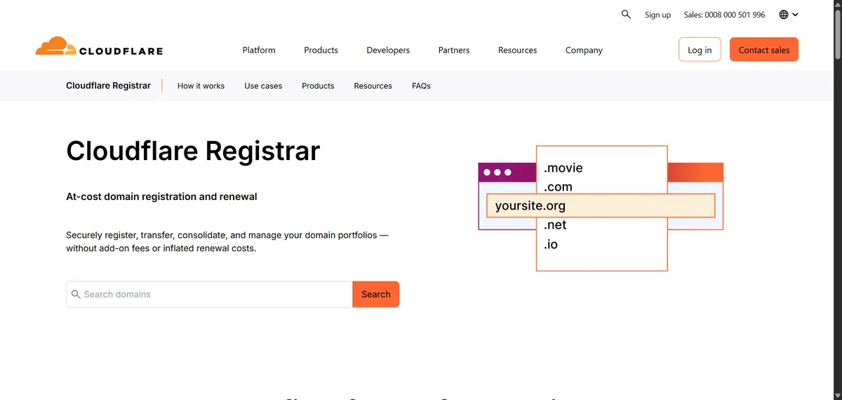 Cloudflare Registrar page describing at-cost domain registration and renewal