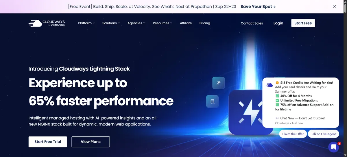 Cloudways homepage showing its managed cloud hosting