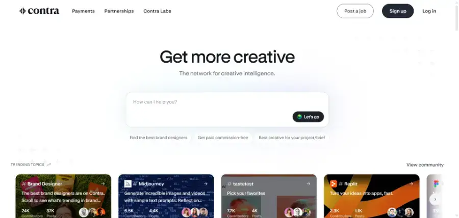 Contra homepage for its creative freelance network, the commission-free pick among the best freelancing platforms