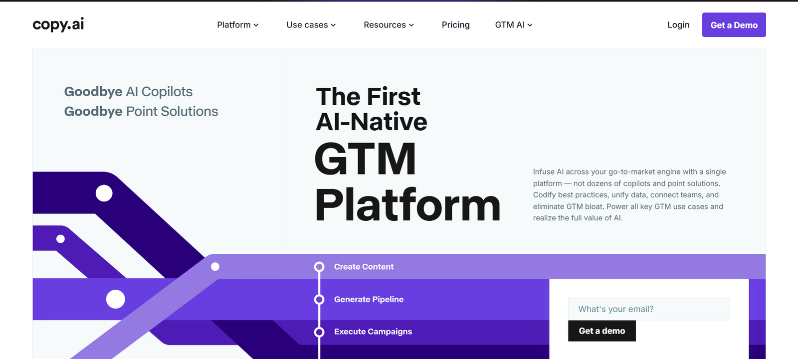 Copy.ai homepage showing its AI-native GTM platform for content and pipeline generation