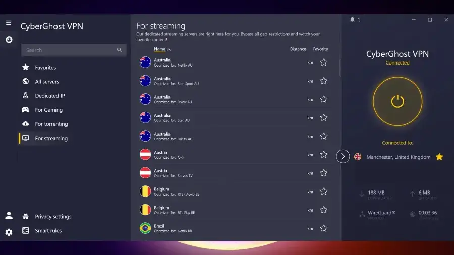 CyberGhost VPN app showing servers optimised for streaming services