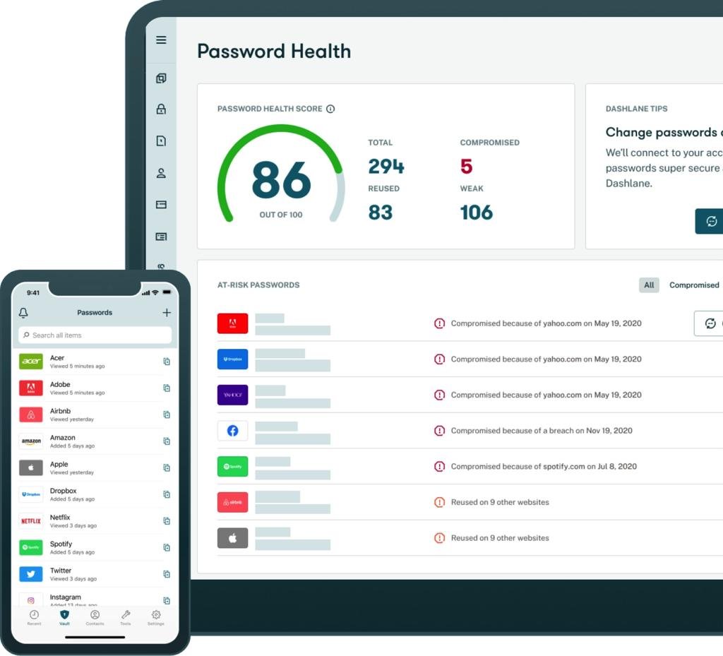 Dashlane password health dashboard showing a security score and compromised password count
