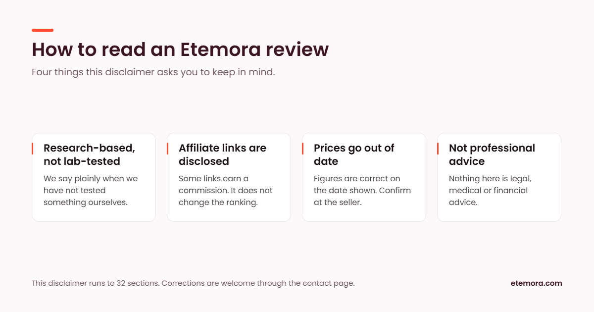 Etemora disclaimer summary: research-based reviews, affiliate links disclosed, prices change, and no professional advice