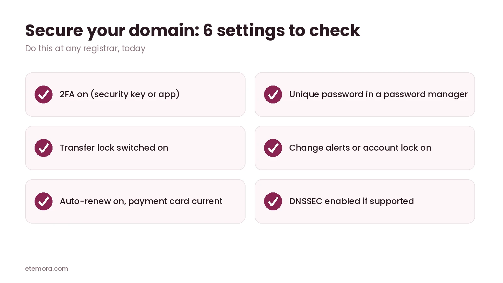Checklist of six settings to secure your domain at any registrar