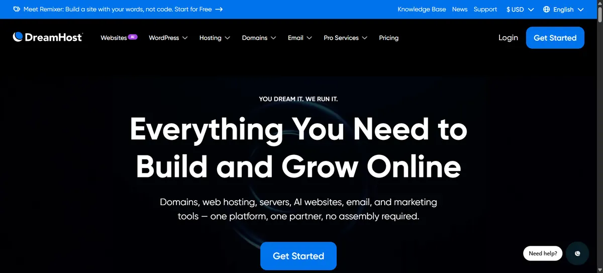 DreamHost homepage showing its hosting, domains and AI website tools