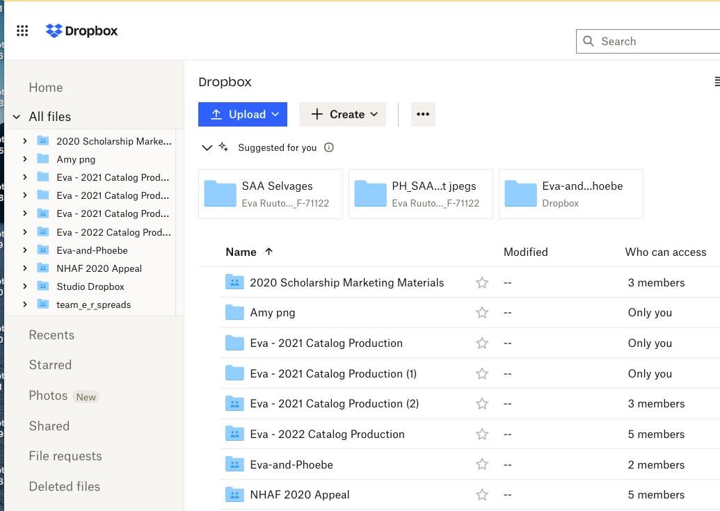 Dropbox web interface showing shared folders with member counts and access permissions
