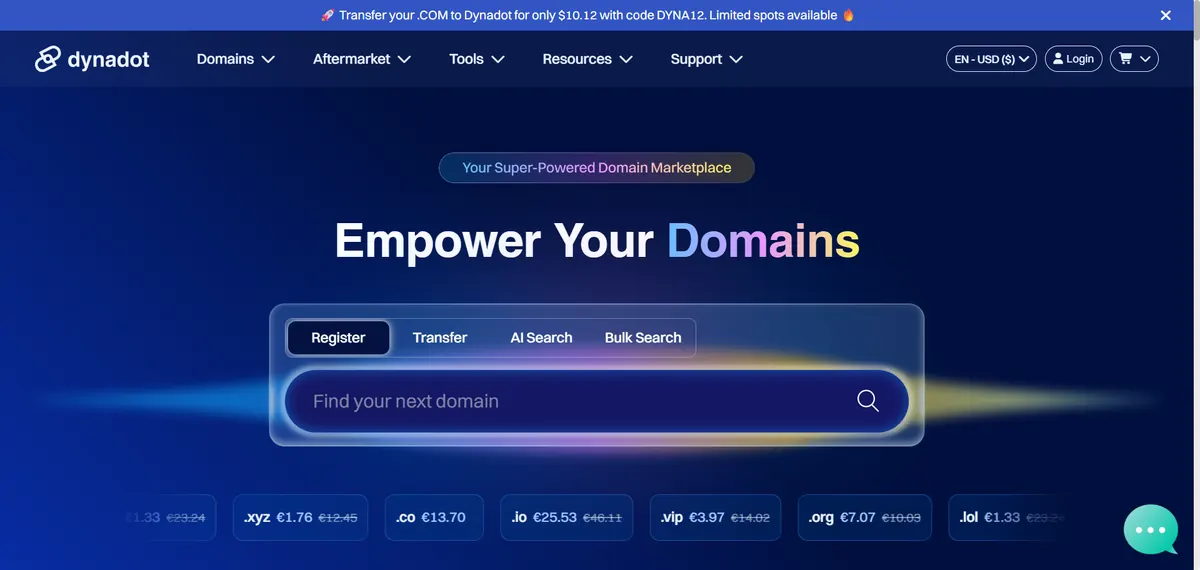 Dynadot homepage with domain search and marketplace