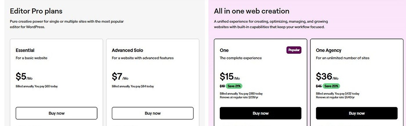 Elementor pricing page showing Essential, Advanced Solo, One and One Agency plans in USD