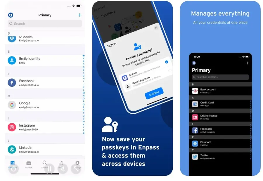Enpass vault and passkey support shown across devices