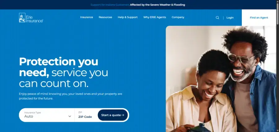 Erie Insurance homepage with its auto quote form, our regional insurer pick among the best auto insurance companies