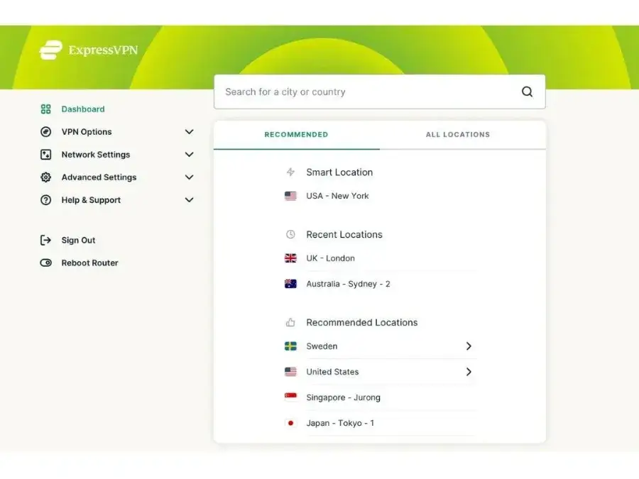 ExpressVPN app showing recommended and recent server locations
