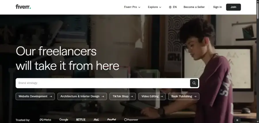 Fiverr marketplace homepage with service categories, our pick for packaged services among the best freelancing platforms