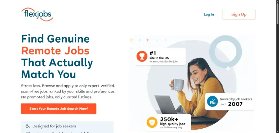 FlexJobs homepage promoting expert-verified remote and flexible job listings, our pick for vetted remote work