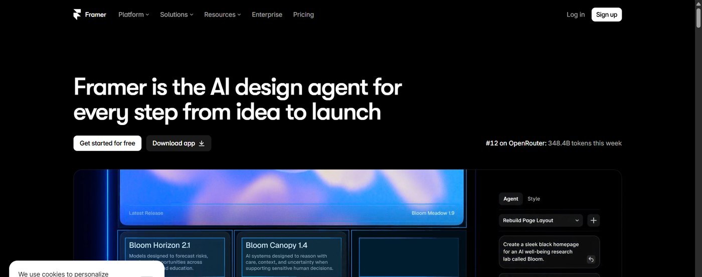 Framer AI design agent page showing the Framer editor interface