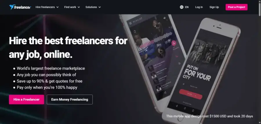 Freelancer.com homepage describing its global freelance marketplace, our alternative general marketplace pick