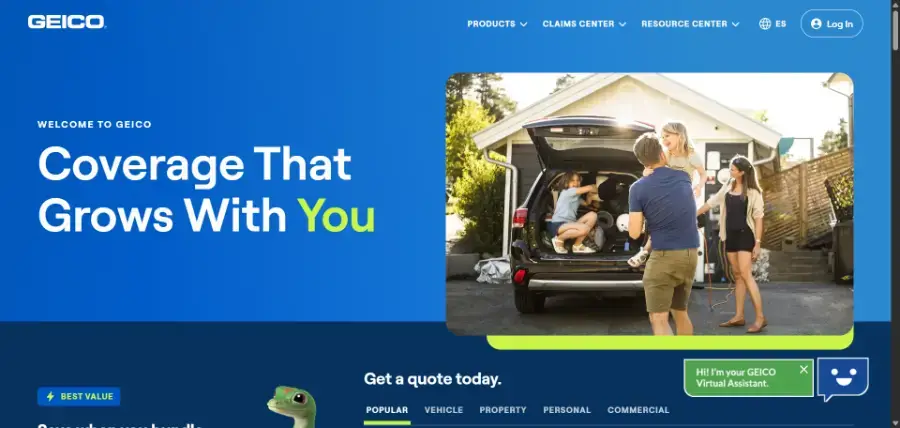 GEICO homepage promoting coverage that grows with you, our pick for discounts among the best auto insurance companies