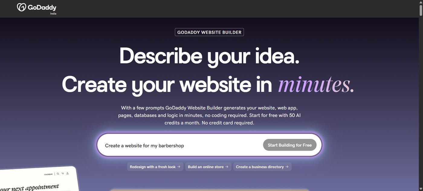 GoDaddy Airo website builder page describing AI website generation from a prompt