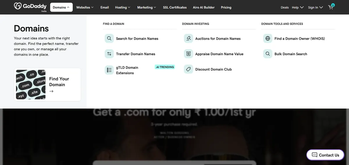 GoDaddy domains menu and domain name search page